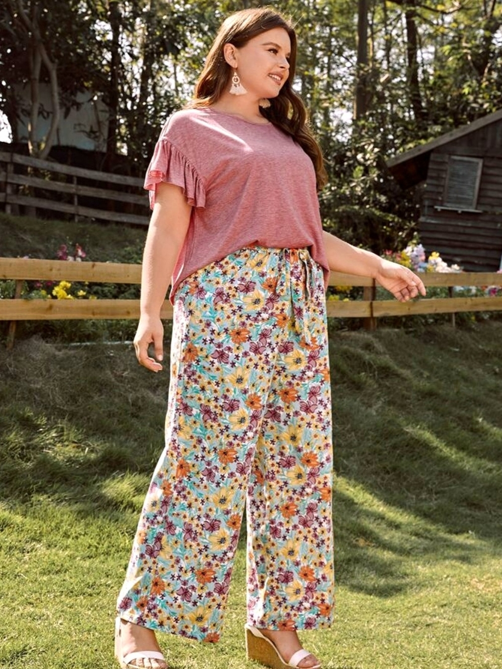 Floral Wide-Leg High-Waist Boho Trousers with Adjustable Drawstring - Size L - Picture 4 of 5